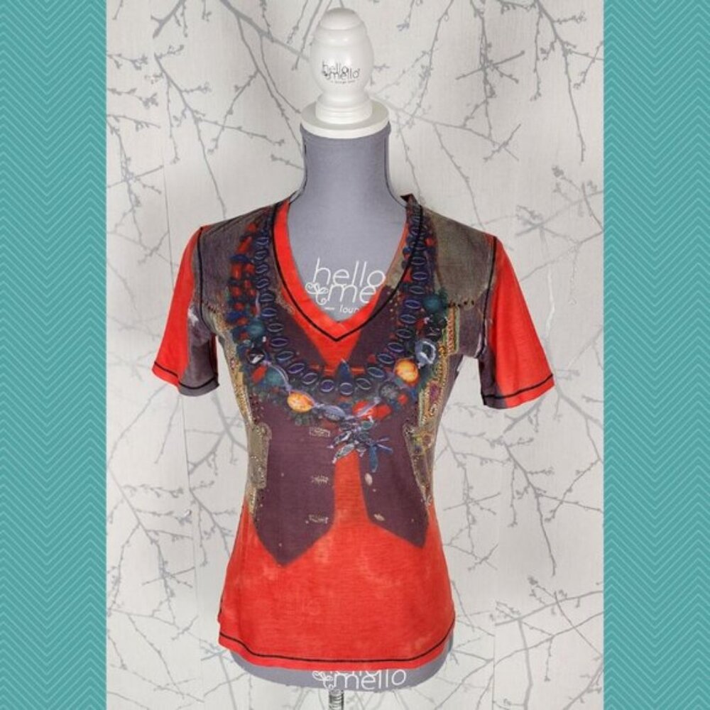 Marc Aurel Artsy Y2K Abstract Print Rhinestone V-Neck Tee